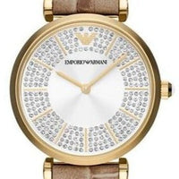Emporio Armani Gianni T Bar Crystals Silver Dial Brown Leather Strap Watch For Women - AR11518