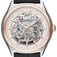 Emporio Armani Zeta Skeleton Automatic Silver Dial Black Leather Strap Watch For Men - AR60018
