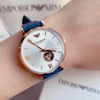 Emporio Armani Gianni T-Bar Analog Silver Dial Blue Leather Strap Watch For Women - AR60020