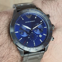 Emporio Armani Mario Chronograph Blue Dial Grey Steel Strap Watch For Men - AR80045