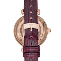 Emporio Armani Meccanico Automatic Silver Dial Burgundy Leather Strap Watch For Women - AR60044