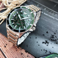 Emporio Armani Diver Automatic Green Dial Silver Steel Strap Watch For Men - AR60061