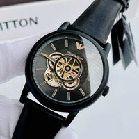 Emporio Armani Luigi Automatic Skeleton Black Dial Black Leather Strap Watch For Men - AR60012