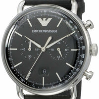 Emporio Armani Aviator Chronograph Black Dial Black Leather Strap Watch For Men - AR11143