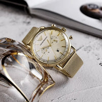 Emporio Armani Aviator Chronograph Quartz Beige Dial Gold Mesh Bracelet Watch For Men - AR11315