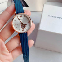 Emporio Armani Gianni T-Bar Analog Silver Dial Blue Leather Strap Watch For Women - AR60020