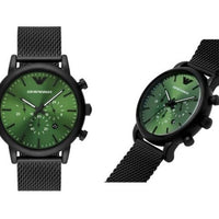 Emporio Armani Luigi Chronograph Green Dial Black Mesh Bracelet Watch For Men - AR11470