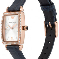 Emporio Armani Gianni T Bar Crystals Silver Dial Blue Leather Strap Watch For Women - AR11469