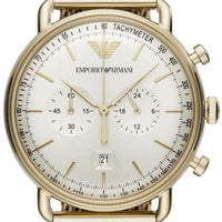 Emporio Armani Aviator Chronograph Quartz Beige Dial Gold Mesh Bracelet Watch For Men - AR11315