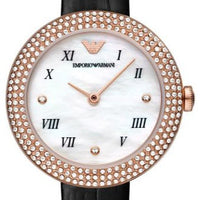 Emporio Armani Rosa Quartz Mother Of Pearl White Dial Black Leather Strap Watch For Women - AR11356
