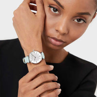 Emporio Armani Gianni T Bar Analog Crystals Silver Dial Blue Leather Strap Watch For Women - AR11443