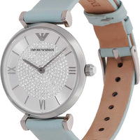 Emporio Armani Gianni T Bar Analog Crystals Silver Dial Blue Leather Strap Watch For Women - AR11443