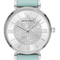 Emporio Armani Gianni T Bar Analog Crystals Silver Dial Blue Leather Strap Watch For Women - AR11443