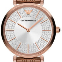 Emporio Armani Gianni T-Bar Crystals Silver Dial Rose Gold Steel Strap Watch For Women - AR11446