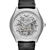 Emporio Armani Meccanico White Skeleton Dial Black Leather Strap Watch For Men - AR60003