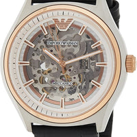 Emporio Armani Zeta Skeleton Automatic Silver Dial Black Leather Strap Watch For Men - AR60018