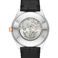 Emporio Armani Zeta Skeleton Automatic Silver Dial Black Leather Strap Watch For Men - AR60018