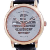 Emporio Armani Meccanico Skeleton Silver Dial Black Leather Strap Watch For Men - AR60031