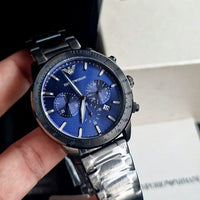 Emporio Armani Mario Chronograph Blue Dial Grey Steel Strap Watch For Men - AR80045