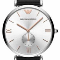 Emporio Armani Gianni T Bar Mother of Pearl Dial Black Leather Strap Watch For Women - AR90002
