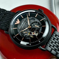 Emporio Armani Automatic Multifunction Black Dial Black Mesh Bracelet Watch For Men - AR60025