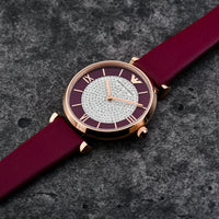 Emporio Armani Gianni T Bar Crystals Maroon Dial Maroon Leather Strap Watch for Women - AR11487