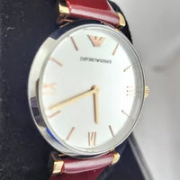Emporio Armani Gianni T-Bar Quartz Silver Dial Brown Leather Strap Watch For Women - AR11061