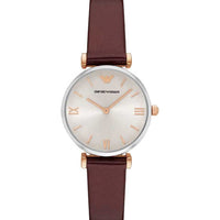 Emporio Armani Gianni T-Bar Quartz Silver Dial Brown Leather Strap Watch For Women - AR11061