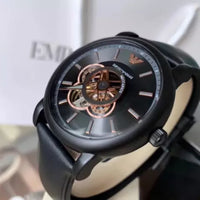 Emporio Armani Luigi Automatic Skeleton Black Dial Black Leather Strap Watch For Men - AR60012
