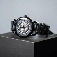 Emporio Armani Meccanico Skeleton Black Dial Black Steel Strap Watch For Men - AR60045