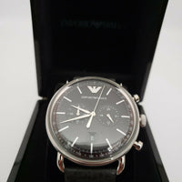 Emporio Armani Aviator Chronograph Black Dial Black Leather Strap Watch For Men - AR11143