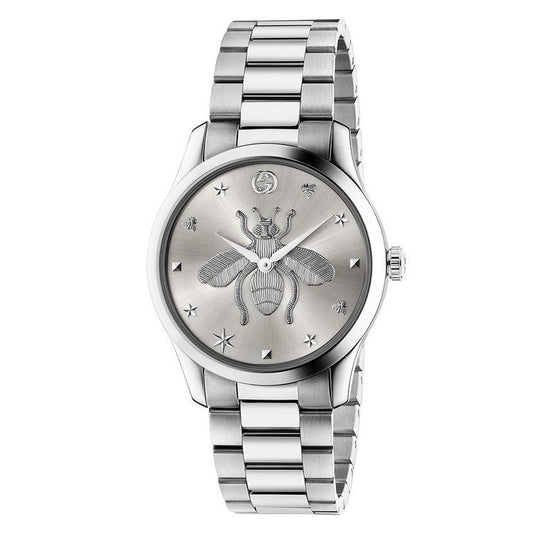 Gucci G-Timeless YA1264126 38mm Unisex Watch – Silver Dial with Bee Motif, Stainless Steel