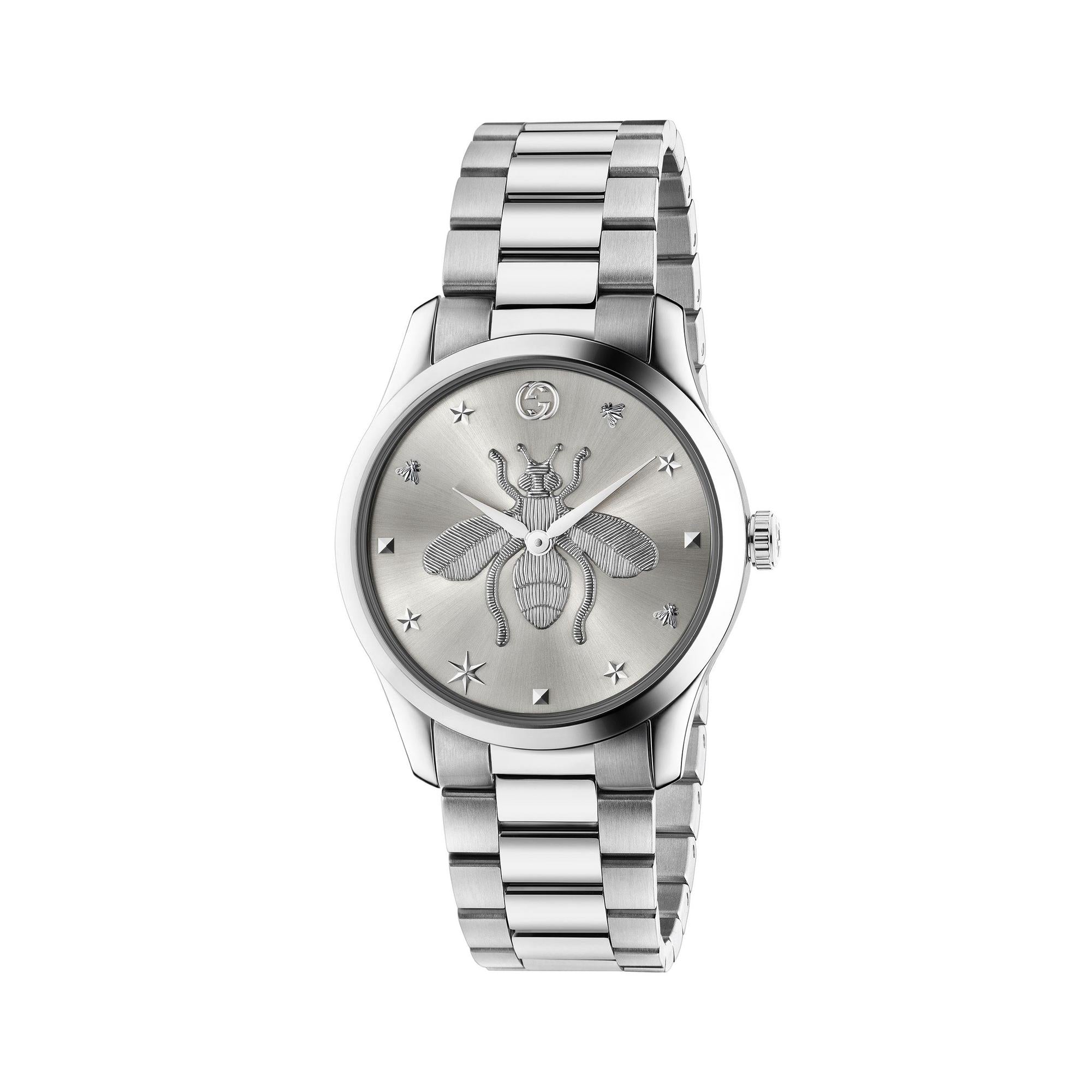 Gucci G-Timeless YA1264126 38mm Unisex Watch – Silver Dial with Bee Motif, Stainless Steel