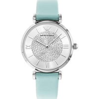 Emporio Armani Gianni T Bar Analog Crystals Silver Dial Blue Leather Strap Watch For Women - AR11443