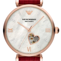Emporio Armani Gianni T-Bar Mother of Pearl White Dial Red Leather Strap Watch For Women - AR60048