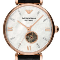 Emporio Armani Gianni T Bar Mother of Pearl White Dial Black Leather Strap Watch For Women - AR60047
