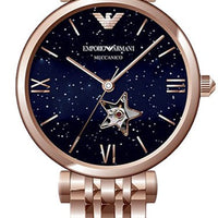 Emporio Armani Meccanico Crystals Black Dial Rose Gold Steel Strap Watch For Women - AR60043
