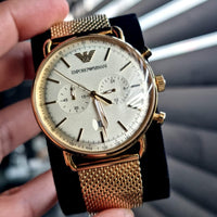 Emporio Armani Aviator Chronograph Quartz Beige Dial Gold Mesh Bracelet Watch For Men - AR11315