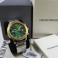 Emporio Armani Mario Chronograph Green Dial Silver Steel Strap Watch For Men - AR11454