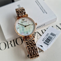 Emporio Armani Gianni T Bar Quartz Mother of Pearl Dial Rose Gold Steel Strap Watch For Women - AR11385