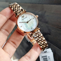 Emporio Armani Gianni T Bar Quartz Mother of Pearl Dial Rose Gold Steel Strap Watch For Women - AR11385