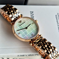 Emporio Armani Gianni T Bar Quartz Mother of Pearl Dial Rose Gold Steel Strap Watch For Women - AR11385