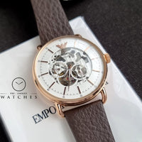 Emporio Armani Meccanico Automatic White Dial Brown Leather Strap Watch For Men - AR60027