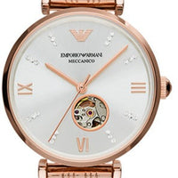 Emporio Armani Gianni T-Bar Silver Dial Rose Gold Steel Strap Watch For Women - AR60023