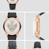 Emporio Armani Meccanico Skeleton Silver Dial Black Leather Strap Watch For Men - AR60031