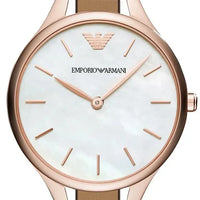 Emporio Armani Aurora Mother of Pearl White Dial Brown Leather Strap Watch For Women - AR11057
