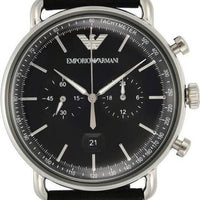 Emporio Armani Aviator Chronograph Black Dial Black Leather Strap Watch For Men - AR11143