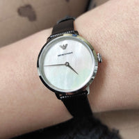 Emporio Armani Modern White Dial Black Leather Strap Watch For Women - AR11159