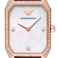Emporio Armani Gianni T Bar Two-Hand Mother of Pearl Dial Red Leather Strap Watch For Women - AR11467
