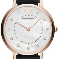 Emporio Armani Kappa Mother of Pearl Dial Black Leather Strap Watch For Women - AR80011